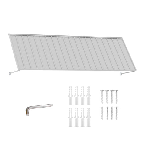 Kozyard 135 inch metal awning product display featuring a wide corrugated metal canopy, adjustable support arms, and included installation accessories. The package includes mounting screws, expansion anchors, and an installation tool for wall mounting. Designed for residential and commercial applications, this 11.25 FT outdoor awning provides practical overhead coverage for doorways, windows, patios, garage entrances, and storefronts.