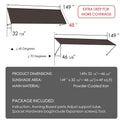Kozyard 149 inch metal awning dimension diagram showing a 12.4 FT wide wall mounted outdoor canopy with a 48 inch deep roof panel and adjustable horizontal projection ranging from 32 7/8 to 46 5/8 inches. Features powder coated iron construction and adjustable installation angles from 40 to 70 degrees for customized overhead coverage. Suitable for commercial storefront entrances, wide patio doors, garage openings, restaurant entrances, residential sliding doors, and outdoor weather protection.