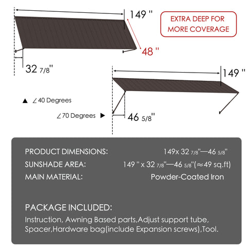 Kozyard 149 inch metal awning dimension diagram showing a 12.4 FT wide wall mounted outdoor canopy with a 48 inch deep roof panel and adjustable horizontal projection ranging from 32 7/8 to 46 5/8 inches. Features powder coated iron construction and adjustable installation angles from 40 to 70 degrees for customized overhead coverage. Suitable for commercial storefront entrances, wide patio doors, garage openings, restaurant entrances, residential sliding doors, and outdoor weather protection.