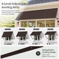 Kozyard 149 inch adjustable metal awning featuring four level adjustable support arms with a spring button locking mechanism for customized shade coverage. The illustrated positions demonstrate different canopy angles to accommodate changing sunlight conditions throughout the day. Installed above wide residential patio doors, this 12.4 FT wall mounted outdoor canopy is ideal for sliding glass doors, backyard entrances, large windows, commercial storefronts, restaurant entrances, and exterior spaces requirin