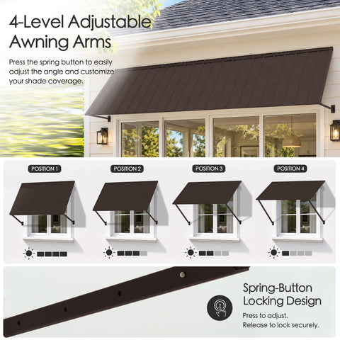 Kozyard 149 inch adjustable metal awning featuring four level adjustable support arms with a spring button locking mechanism for customized shade coverage. The illustrated positions demonstrate different canopy angles to accommodate changing sunlight conditions throughout the day. Installed above wide residential patio doors, this 12.4 FT wall mounted outdoor canopy is ideal for sliding glass doors, backyard entrances, large windows, commercial storefronts, restaurant entrances, and exterior spaces requirin