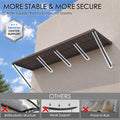 Kozyard 149 inch metal awning featuring reinforced center support rods and multiple wall mounted support arms designed to enhance stability across its extra wide canopy structure. The underside view highlights the sturdy corrugated metal roof panel and additional structural reinforcement compared with weaker plastic awnings. Ideal for commercial storefronts, restaurant entrances, wide residential patio doors, garage openings, retail shop facades, and outdoor applications requiring dependable overhead covera