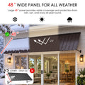 Kozyard 149 inch metal awning featuring an extra deep 48 inch corrugated roof panel designed to provide extended overhead protection from sunlight, rainfall, and snow. The illustrated all weather canopy demonstrates UV shielding, rainwater runoff, and seasonal snow coverage above wide residential sliding glass doors. Ideal for commercial storefront awnings, large patio entrances, restaurant door canopies, garage openings, backyard access doors, and exterior spaces requiring deeper shade coverage.
