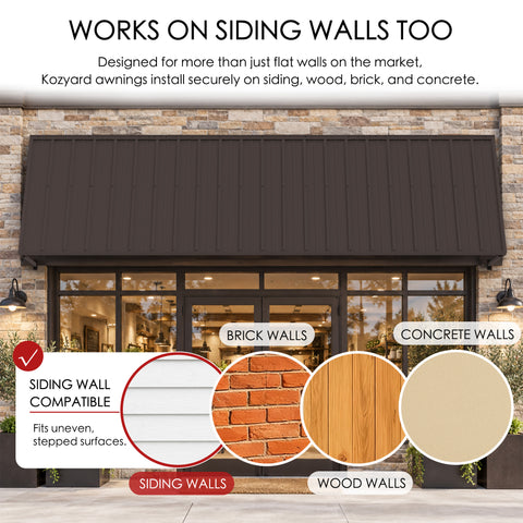 Kozyard 149 inch wall mounted metal awning designed for installation on siding, brick, wood, and concrete walls using appropriate mounting hardware. The illustrated commercial storefront installation demonstrates compatibility with different exterior wall surfaces, including uneven and stepped siding. This extra wide outdoor canopy provides practical overhead coverage for retail entrances, restaurant storefronts, commercial building facades, residential patio doors, garage openings, and other exterior appli