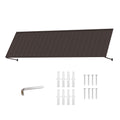 Kozyard 149 inch metal awning product display featuring an extra wide corrugated metal roof canopy, wall mounted support arms, and included installation accessories. The package includes mounting screws, expansion anchors, and an installation tool for assembly and wall mounting. Designed for residential and commercial outdoor applications, this 12.4 FT exterior awning provides overhead shade and rain protection for storefront entrances, wide patio doors, garage openings, restaurant entrances, and large exte