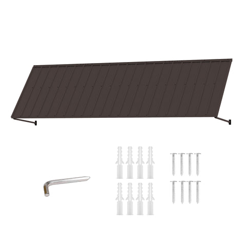 Kozyard 149 inch metal awning product display featuring an extra wide corrugated metal roof canopy, wall mounted support arms, and included installation accessories. The package includes mounting screws, expansion anchors, and an installation tool for assembly and wall mounting. Designed for residential and commercial outdoor applications, this 12.4 FT exterior awning provides overhead shade and rain protection for storefront entrances, wide patio doors, garage openings, restaurant entrances, and large exte