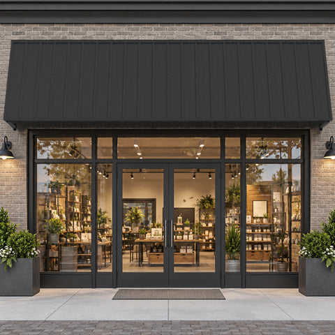 Kozyard 149 inch metal awning installed above a commercial storefront with glass double doors and large display windows, featuring a wide corrugated metal roof panel and wall mounted support brackets. This 12.4 FT outdoor canopy provides extended overhead shade and helps protect business entrances from direct sunlight and rainfall. Ideal for retail storefront awnings, cafe entrances, restaurant door canopies, boutique shops, commercial building facades, and wide exterior doorways.