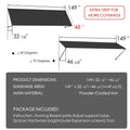 Kozyard 149 inch metal awning dimension diagram showing a 12.4 FT wide wall mounted outdoor canopy with a 48 inch deep roof panel and adjustable horizontal projection ranging from 32 7/8 to 46 5/8 inches. Features powder coated iron construction and adjustable installation angles from 40 to 70 degrees for customized overhead coverage. Suitable for commercial storefront entrances, wide patio doors, garage openings, restaurant entrances, residential sliding doors, and outdoor weather protection.
