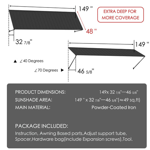 Kozyard 149 inch metal awning dimension diagram showing a 12.4 FT wide wall mounted outdoor canopy with a 48 inch deep roof panel and adjustable horizontal projection ranging from 32 7/8 to 46 5/8 inches. Features powder coated iron construction and adjustable installation angles from 40 to 70 degrees for customized overhead coverage. Suitable for commercial storefront entrances, wide patio doors, garage openings, restaurant entrances, residential sliding doors, and outdoor weather protection.
