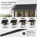 Kozyard 149 inch adjustable metal awning featuring four level adjustable support arms with a spring button locking mechanism for customized shade coverage. The illustrated positions demonstrate different canopy angles to accommodate changing sunlight conditions throughout the day. Installed above wide residential patio doors, this 12.4 FT wall mounted outdoor canopy is ideal for sliding glass doors, backyard entrances, large windows, commercial storefronts, restaurant entrances, and exterior spaces requirin