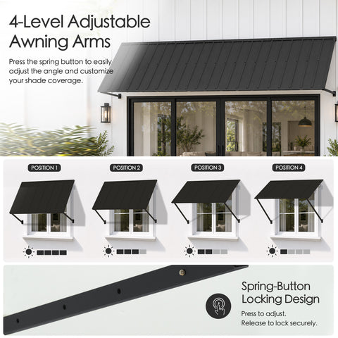 Kozyard 149 inch adjustable metal awning featuring four level adjustable support arms with a spring button locking mechanism for customized shade coverage. The illustrated positions demonstrate different canopy angles to accommodate changing sunlight conditions throughout the day. Installed above wide residential patio doors, this 12.4 FT wall mounted outdoor canopy is ideal for sliding glass doors, backyard entrances, large windows, commercial storefronts, restaurant entrances, and exterior spaces requirin