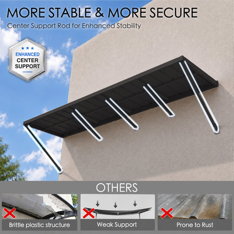 Kozyard 149 inch metal awning featuring reinforced center support rods and multiple wall mounted support arms designed to enhance stability across its extra wide canopy structure. The underside view highlights the sturdy corrugated metal roof panel and additional structural reinforcement compared with weaker plastic awnings. Ideal for commercial storefronts, restaurant entrances, wide residential patio doors, garage openings, retail shop facades, and outdoor applications requiring dependable overhead covera