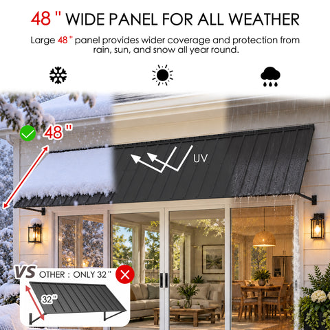 Kozyard 149 inch metal awning featuring an extra deep 48 inch corrugated roof panel designed to provide extended overhead protection from sunlight, rainfall, and snow. The illustrated all weather canopy demonstrates UV shielding, rainwater runoff, and seasonal snow coverage above wide residential sliding glass doors. Ideal for commercial storefront awnings, large patio entrances, restaurant door canopies, garage openings, backyard access doors, and exterior spaces requiring deeper shade coverage.
