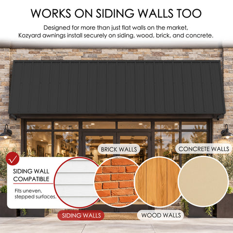 Kozyard 149 inch wall mounted metal awning designed for installation on siding, brick, wood, and concrete walls using appropriate mounting hardware. The illustrated commercial storefront installation demonstrates compatibility with different exterior wall surfaces, including uneven and stepped siding. This extra wide outdoor canopy provides practical overhead coverage for retail entrances, restaurant storefronts, commercial building facades, residential patio doors, garage openings, and other exterior appli