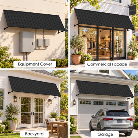 Kozyard 149 inch metal awning displayed in four outdoor installation settings including utility equipment protection, commercial storefront coverage, backyard patio doors, and residential garage entrances. This 12.4 FT wide wall mounted outdoor canopy provides extended overhead shade and rain protection for large exterior openings. Ideal for retail shops, cafes, restaurants, commercial building entrances, residential sliding doors, garage areas, backyard patios, and utility equipment shelters.
