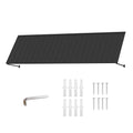 Kozyard 149 inch metal awning product display featuring an extra wide corrugated metal roof canopy, wall mounted support arms, and included installation accessories. The package includes mounting screws, expansion anchors, and an installation tool for assembly and wall mounting. Designed for residential and commercial outdoor applications, this 12.4 FT exterior awning provides overhead shade and rain protection for storefront entrances, wide patio doors, garage openings, restaurant entrances, and large exte