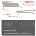 Kozyard 149 inch metal awning dimension diagram showing a 12.4 FT wide wall mounted outdoor canopy with a 48 inch deep roof panel and adjustable horizontal projection ranging from 32 7/8 to 46 5/8 inches. Features powder coated iron construction and adjustable installation angles from 40 to 70 degrees for customized overhead coverage. Suitable for commercial storefront entrances, wide patio doors, garage openings, restaurant entrances, residential sliding doors, and outdoor weather protection.
