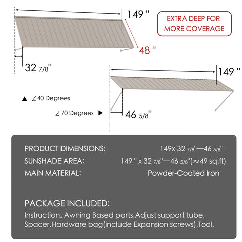 Kozyard 149 inch metal awning dimension diagram showing a 12.4 FT wide wall mounted outdoor canopy with a 48 inch deep roof panel and adjustable horizontal projection ranging from 32 7/8 to 46 5/8 inches. Features powder coated iron construction and adjustable installation angles from 40 to 70 degrees for customized overhead coverage. Suitable for commercial storefront entrances, wide patio doors, garage openings, restaurant entrances, residential sliding doors, and outdoor weather protection.
