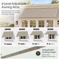 Kozyard 149 inch adjustable metal awning featuring four level adjustable support arms with a spring button locking mechanism for customized shade coverage. The illustrated positions demonstrate different canopy angles to accommodate changing sunlight conditions throughout the day. Installed above wide residential patio doors, this 12.4 FT wall mounted outdoor canopy is ideal for sliding glass doors, backyard entrances, large windows, commercial storefronts, restaurant entrances, and exterior spaces requirin