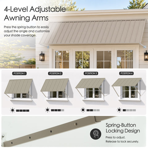 Kozyard 149 inch adjustable metal awning featuring four level adjustable support arms with a spring button locking mechanism for customized shade coverage. The illustrated positions demonstrate different canopy angles to accommodate changing sunlight conditions throughout the day. Installed above wide residential patio doors, this 12.4 FT wall mounted outdoor canopy is ideal for sliding glass doors, backyard entrances, large windows, commercial storefronts, restaurant entrances, and exterior spaces requirin