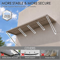 Kozyard 149 inch metal awning featuring reinforced center support rods and multiple wall mounted support arms designed to enhance stability across its extra wide canopy structure. The underside view highlights the sturdy corrugated metal roof panel and additional structural reinforcement compared with weaker plastic awnings. Ideal for commercial storefronts, restaurant entrances, wide residential patio doors, garage openings, retail shop facades, and outdoor applications requiring dependable overhead covera