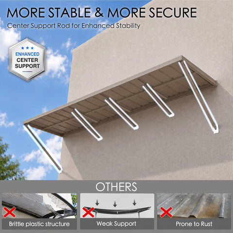 Kozyard 149 inch metal awning featuring reinforced center support rods and multiple wall mounted support arms designed to enhance stability across its extra wide canopy structure. The underside view highlights the sturdy corrugated metal roof panel and additional structural reinforcement compared with weaker plastic awnings. Ideal for commercial storefronts, restaurant entrances, wide residential patio doors, garage openings, retail shop facades, and outdoor applications requiring dependable overhead covera