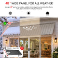 Kozyard 149 inch metal awning featuring an extra deep 48 inch corrugated roof panel designed to provide extended overhead protection from sunlight, rainfall, and snow. The illustrated all weather canopy demonstrates UV shielding, rainwater runoff, and seasonal snow coverage above wide residential sliding glass doors. Ideal for commercial storefront awnings, large patio entrances, restaurant door canopies, garage openings, backyard access doors, and exterior spaces requiring deeper shade coverage.
