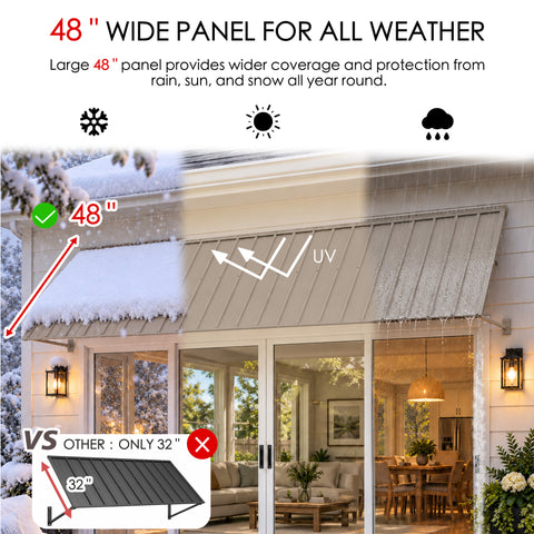 Kozyard 149 inch metal awning featuring an extra deep 48 inch corrugated roof panel designed to provide extended overhead protection from sunlight, rainfall, and snow. The illustrated all weather canopy demonstrates UV shielding, rainwater runoff, and seasonal snow coverage above wide residential sliding glass doors. Ideal for commercial storefront awnings, large patio entrances, restaurant door canopies, garage openings, backyard access doors, and exterior spaces requiring deeper shade coverage.
