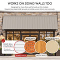 Kozyard 149 inch wall mounted metal awning designed for installation on siding, brick, wood, and concrete walls using appropriate mounting hardware. The illustrated commercial storefront installation demonstrates compatibility with different exterior wall surfaces, including uneven and stepped siding. This extra wide outdoor canopy provides practical overhead coverage for retail entrances, restaurant storefronts, commercial building facades, residential patio doors, garage openings, and other exterior appli