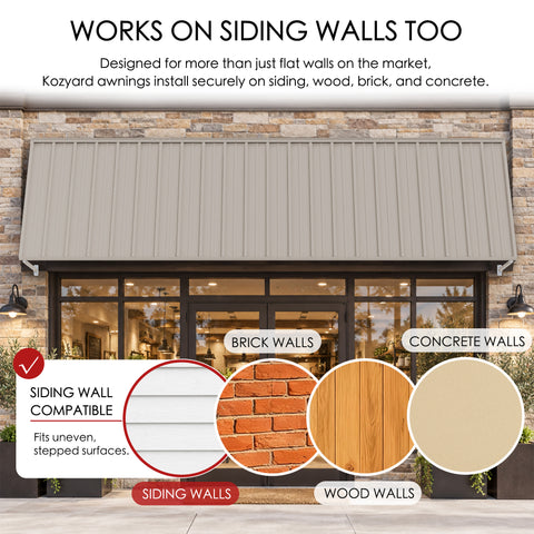 Kozyard 149 inch wall mounted metal awning designed for installation on siding, brick, wood, and concrete walls using appropriate mounting hardware. The illustrated commercial storefront installation demonstrates compatibility with different exterior wall surfaces, including uneven and stepped siding. This extra wide outdoor canopy provides practical overhead coverage for retail entrances, restaurant storefronts, commercial building facades, residential patio doors, garage openings, and other exterior appli