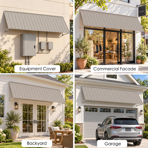 Kozyard 149 inch metal awning displayed in four outdoor installation settings including utility equipment protection, commercial storefront coverage, backyard patio doors, and residential garage entrances. This 12.4 FT wide wall mounted outdoor canopy provides extended overhead shade and rain protection for large exterior openings. Ideal for retail shops, cafes, restaurants, commercial building entrances, residential sliding doors, garage areas, backyard patios, and utility equipment shelters.
