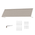 Kozyard 149 inch metal awning product display featuring an extra wide corrugated metal roof canopy, wall mounted support arms, and included installation accessories. The package includes mounting screws, expansion anchors, and an installation tool for assembly and wall mounting. Designed for residential and commercial outdoor applications, this 12.4 FT exterior awning provides overhead shade and rain protection for storefront entrances, wide patio doors, garage openings, restaurant entrances, and large exte
