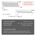 Kozyard 149 inch metal awning dimension diagram showing a 12.4 FT wide wall mounted outdoor canopy with a 48 inch deep roof panel and adjustable horizontal projection ranging from 32 7/8 to 46 5/8 inches. Features powder coated iron construction and adjustable installation angles from 40 to 70 degrees for customized overhead coverage. Suitable for commercial storefront entrances, wide patio doors, garage openings, restaurant entrances, residential sliding doors, and outdoor weather protection.
