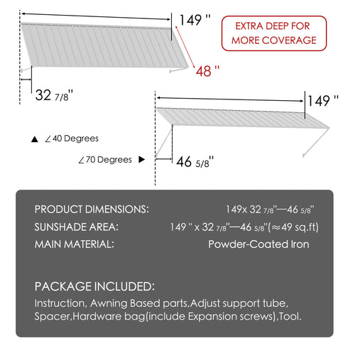 Kozyard 149 inch metal awning dimension diagram showing a 12.4 FT wide wall mounted outdoor canopy with a 48 inch deep roof panel and adjustable horizontal projection ranging from 32 7/8 to 46 5/8 inches. Features powder coated iron construction and adjustable installation angles from 40 to 70 degrees for customized overhead coverage. Suitable for commercial storefront entrances, wide patio doors, garage openings, restaurant entrances, residential sliding doors, and outdoor weather protection.
