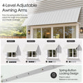 Kozyard 149 inch adjustable metal awning featuring four level adjustable support arms with a spring button locking mechanism for customized shade coverage. The illustrated positions demonstrate different canopy angles to accommodate changing sunlight conditions throughout the day. Installed above wide residential patio doors, this 12.4 FT wall mounted outdoor canopy is ideal for sliding glass doors, backyard entrances, large windows, commercial storefronts, restaurant entrances, and exterior spaces requirin