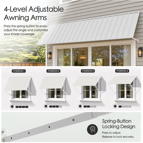 Kozyard 149 inch adjustable metal awning featuring four level adjustable support arms with a spring button locking mechanism for customized shade coverage. The illustrated positions demonstrate different canopy angles to accommodate changing sunlight conditions throughout the day. Installed above wide residential patio doors, this 12.4 FT wall mounted outdoor canopy is ideal for sliding glass doors, backyard entrances, large windows, commercial storefronts, restaurant entrances, and exterior spaces requirin