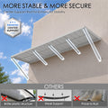 Kozyard 149 inch metal awning featuring reinforced center support rods and multiple wall mounted support arms designed to enhance stability across its extra wide canopy structure. The underside view highlights the sturdy corrugated metal roof panel and additional structural reinforcement compared with weaker plastic awnings. Ideal for commercial storefronts, restaurant entrances, wide residential patio doors, garage openings, retail shop facades, and outdoor applications requiring dependable overhead covera