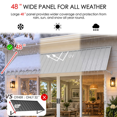 Kozyard 149 inch metal awning featuring an extra deep 48 inch corrugated roof panel designed to provide extended overhead protection from sunlight, rainfall, and snow. The illustrated all weather canopy demonstrates UV shielding, rainwater runoff, and seasonal snow coverage above wide residential sliding glass doors. Ideal for commercial storefront awnings, large patio entrances, restaurant door canopies, garage openings, backyard access doors, and exterior spaces requiring deeper shade coverage.
