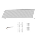 Kozyard 149 inch metal awning product display featuring an extra wide corrugated metal roof canopy, wall mounted support arms, and included installation accessories. The package includes mounting screws, expansion anchors, and an installation tool for assembly and wall mounting. Designed for residential and commercial outdoor applications, this 12.4 FT exterior awning provides overhead shade and rain protection for storefront entrances, wide patio doors, garage openings, restaurant entrances, and large exte