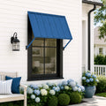 Kozyard blue metal window awning canopy installed on a white siding house wall above a black frame window. This heavy-duty residential exterior sunshade features durable corrugated steel panels, providing sun protection and curb appeal. The scenic porch setting includes beautiful blue hydrangeas and a wooden bench, showcasing a stylish and functional modern metal door canopy and window overdoor decoration for home improvement.