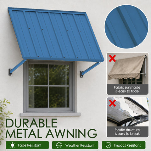 Kozyard durable metal awning vs fabric and plastic awnings comparison infographic. Highlights include a blue powder-coated iron canopy that is fade-resistant, weather-resistant, and impact-resistant. This exterior door shield chart demonstrates superiority over easily faded canvas fabric sunshades and fragile cracked plastic door canopies, proving it is the best heavy-duty rain shelter for outdoor windows and doors.