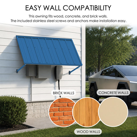 Kozyard metal window canopy highlighting easy wall compatibility for home installation. The infographic displays the blue corrugated patio awning mounting successfully on brick walls protecting electrical equipment, concrete walls, and wood walls. Included stainless steel screws and anchors ensure a secure, heavy-duty DIY setup for residential door awnings, outdoor shelter covers, and house siding.