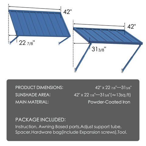 Kozyard Window Awning (42”x22 7/8”-31 3/8”) - Powder-Coated Iron Exterior Canopy (13 Sq Ft Sunshade), Includes Hardware/Tools for Outdoor Patio/Window Shelter
