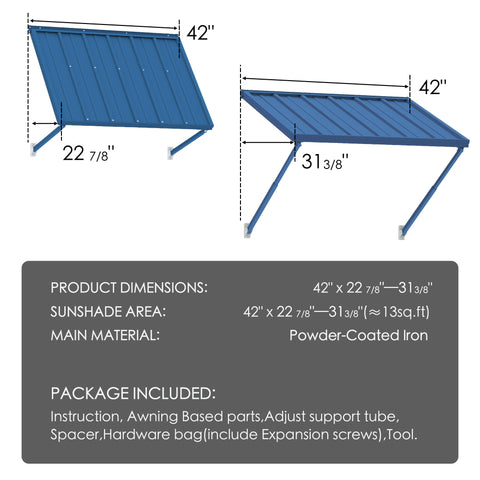 Kozyard Window Awning (42”x22 7/8”-31 3/8”) - Powder-Coated Iron Exterior Canopy (13 Sq Ft Sunshade), Includes Hardware/Tools for Outdoor Patio/Window Shelter
