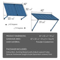 Kozyard blue metal awning product dimensions blueprint and packaging list infographic. Displays measurements including 42-inch width, 32 1/4-inch length, and adjustable 40 to 70-degree support tube angles for 13 sq.ft sunshade area. The package breakdown specifies powder-coated iron awning panels, adjustable support arms, spacer, hardware bag with expansion screws, Allen wrench, and tool instruction manual.