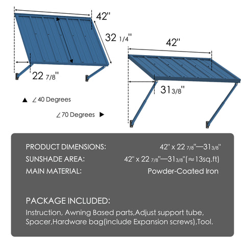 Kozyard blue metal awning product dimensions blueprint and packaging list infographic. Displays measurements including 42-inch width, 32 1/4-inch length, and adjustable 40 to 70-degree support tube angles for 13 sq.ft sunshade area. The package breakdown specifies powder-coated iron awning panels, adjustable support arms, spacer, hardware bag with expansion screws, Allen wrench, and tool instruction manual.