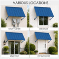 Kozyard blue metal awning versatility chart showing various location installations. The four-panel collage demonstrates this durable outdoor canopy being used as a utility meter protection cover, a classic residential window sunshade, a sliding glass balcony door rain shield, and a stylish front door porch overdoor awning, highlighting its multi-purpose functionality for exterior home improvement.