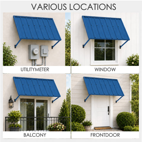 Kozyard blue metal awning versatility chart showing various location installations. The four-panel collage demonstrates this durable outdoor canopy being used as a utility meter protection cover, a classic residential window sunshade, a sliding glass balcony door rain shield, and a stylish front door porch overdoor awning, highlighting its multi-purpose functionality for exterior home improvement.