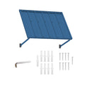 Kozyard 42-inch blue metal window awning canopy isolated on a white background with all included hardware parts. Product kit features the powder-coated iron corrugated panel, two adjustable wall mounting support brackets, plastic wall anchors, heavy-duty installation screws, and an Allen wrench. Perfect clear product shot for e-commerce listings of DIY residential door rain shields and window sunshades.