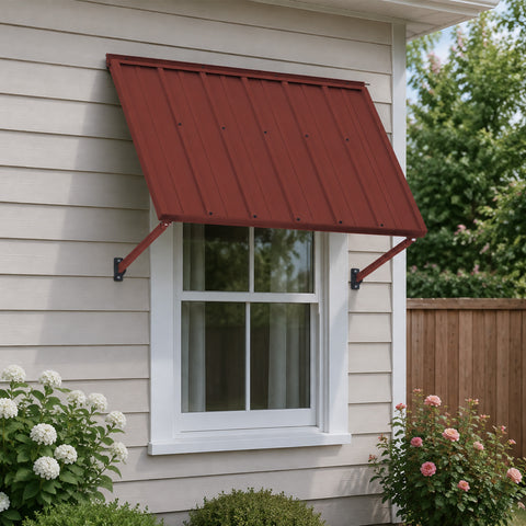 Kozyard 42 inch metal window awning provides durable outdoor shade and weather protection for residential windows, doors and exterior wall areas. The brown wall-mounted metal canopy combines a clean architectural look with sturdy adjustable support arms to help shield windows from direct sun and rain. Ideal as a window awning, door awning, exterior sun shade, rain cover, small patio canopy, entrance cover and fixed metal awning for houses, garages, balconies and other outdoor spaces.